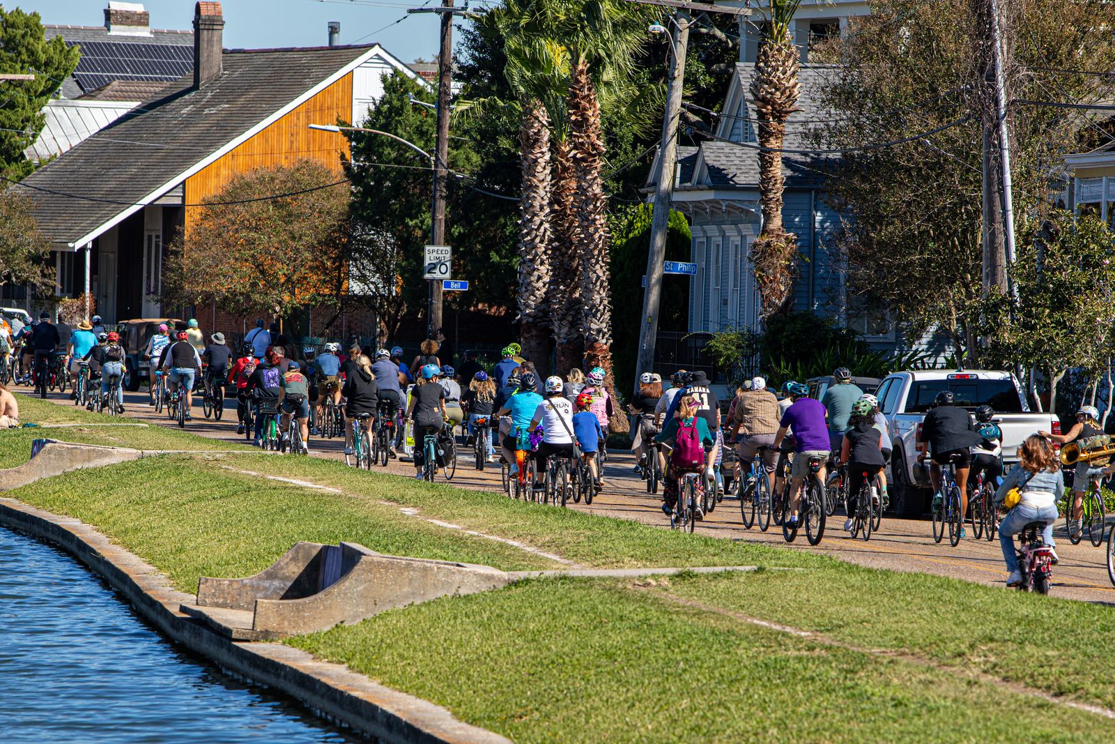 Cyclists riding together at the Bike Easy Second Line in New Orleans